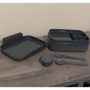 Caperci Gray Plastic Bento Box 36 oz 4 Compartments Snap Lid Fork Spoon Cup